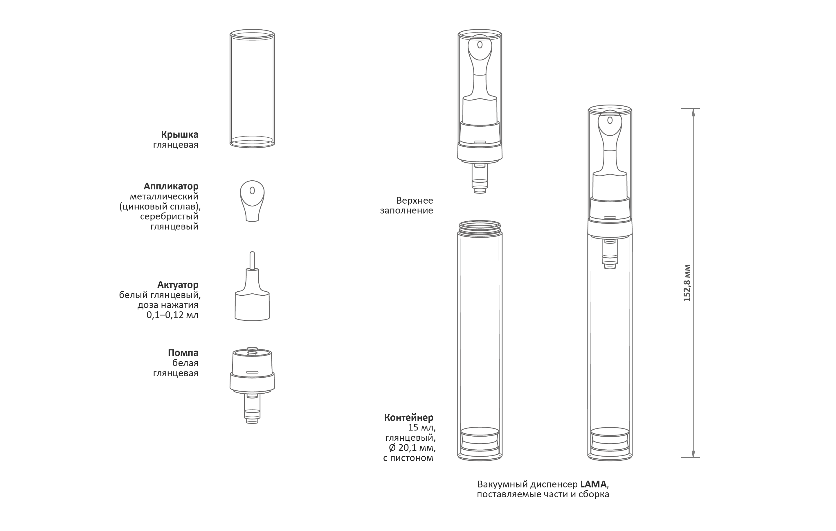 Косметический вакуумный диспенсер серии LAMA с охлаждающим аппликатором, схема